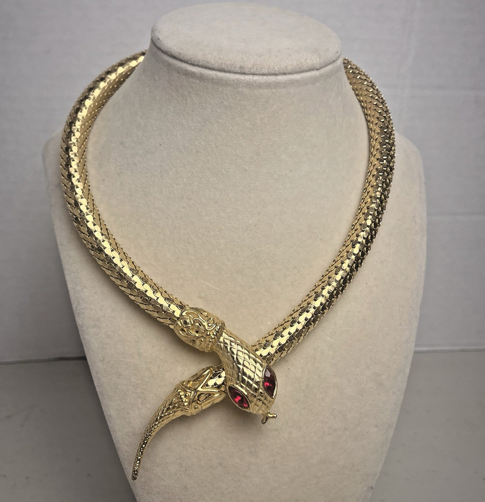 Vintage Snake Wrap Collar Necklace Serpent Gold Mesh Red Eyes 80s Egypt Revival